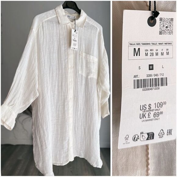 RRP $109 ZARA LONG LINEN SHIRT ZW COLLECTION ECRU OVERSIZED RUNS BIG NWT M L - Picture 1 of 3